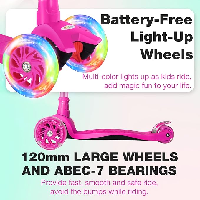 BELEEV A2 Scooters for Kids 3 Wheel Kick Scooter for Toddlers Girls Boys, 4 Adjustable Height, Lean to Steer, Light up Wheels, Extra-Wide Board, Easy to Assemble for Children Gift Sport Toys Ages 3-12