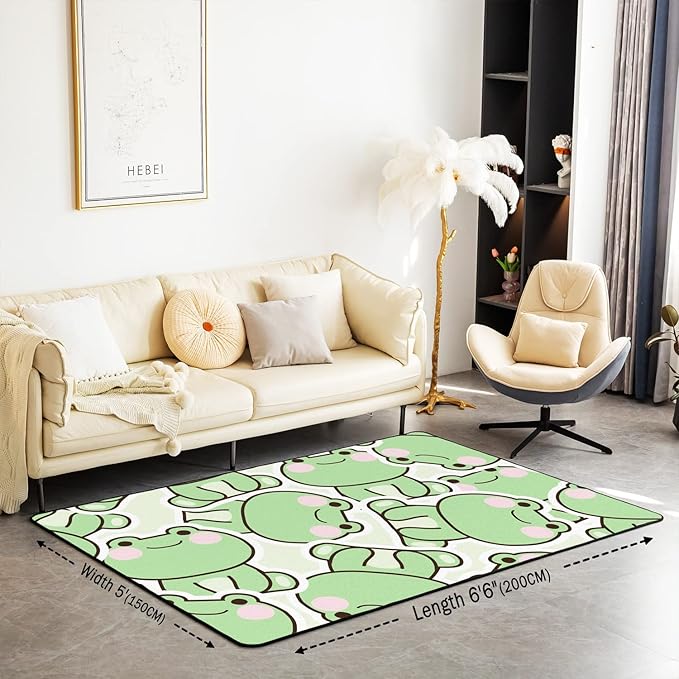 Frog Area Rug 5x7, Cartoon Frog Rug for Kids Boys Girls Teens, Kawaii Green Wild Animals Carpet, Cute Wildlife Farmhouse Rustic Funny Non Slip Decorative Rug