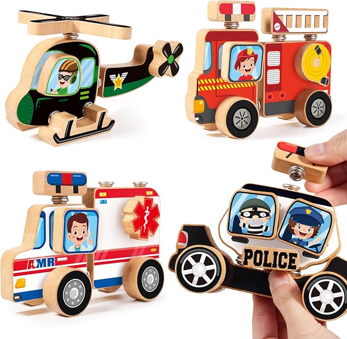 Emergency Vehicles 3D Puzzle Toy, HUZU Rescue Squad Wooden Snap Button Connection Building Blocks for Kids 3-8, Fire Truck Ambulance Police Car Helicopter Montessori Gifts for Preschool Children