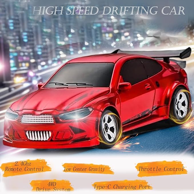 RC Drift Car, 1/64 Scale Mini Drift Cars, 2.4GHz Adjustable Throttle High Speed Remote Control Car, RTR 4WD Fast RC Cars with Lights, Hobby Race Vehicle Toy Birthday Gift for Kids, Boys, Girls, Adults