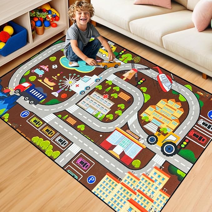 Car Rugs for Kids Toy Cars - Kids Carpet for Playroom Car Track Rug City Life Road Rug for Playroom Living Room Bedroom, 2'5''×4'