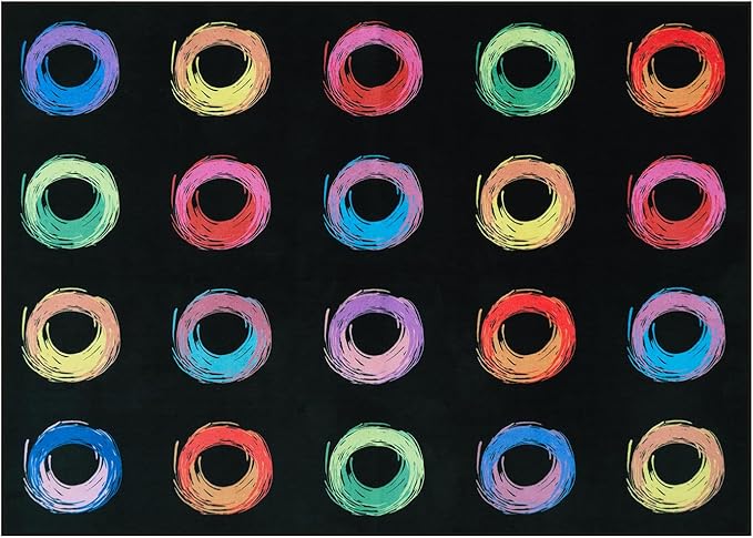 STARUIA Educational Large Carpet Classroom Rug for Kids Room, 6x8.4 Abstract Black Area Rug with Colorful Handpainted Circles, Stain-Resistant High-Traffic Kids Rugs for Playroom Elementary