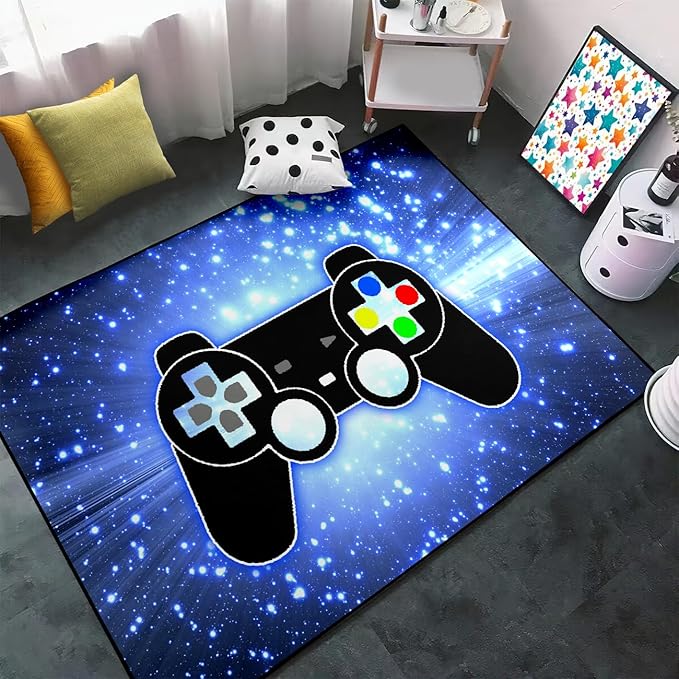 Game Video Gamepad Rugs, Boys Gamer Theme Carpets, Modern Gaming Space Blue Starry Sky Printed Large Carpets for Bedroom Living Room Mat Gaming Room Home Decor Mat