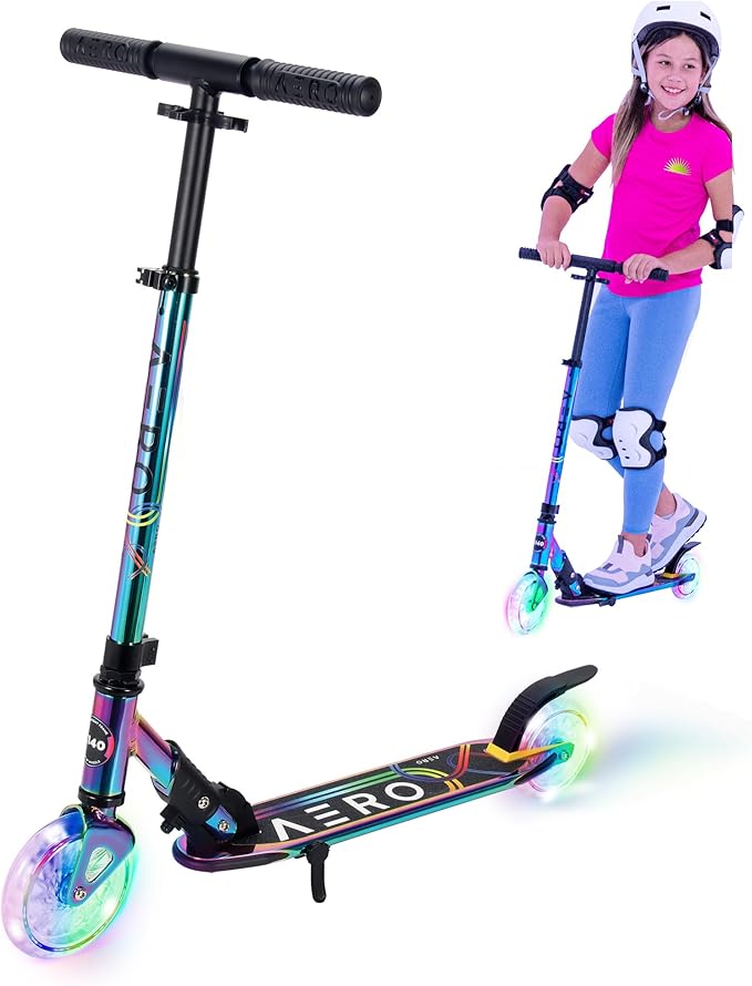 Aero 2 Wheel Kick Scooter for Kids Ages 5-7 or 5-8 or 6-10 or 6-12 with Dynamic Lights, Scooters for Boys and Girls 6 Years and Up with Light up Wheels and Deck