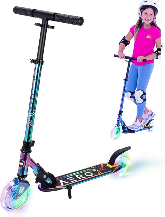 Aero 2 Wheel Kick Scooter for Kids Ages 5-7 or 5-8 or 6-10 or 6-12 with Dynamic Lights, Scooters for Boys and Girls 6 Years and Up with Light up Wheels and Deck