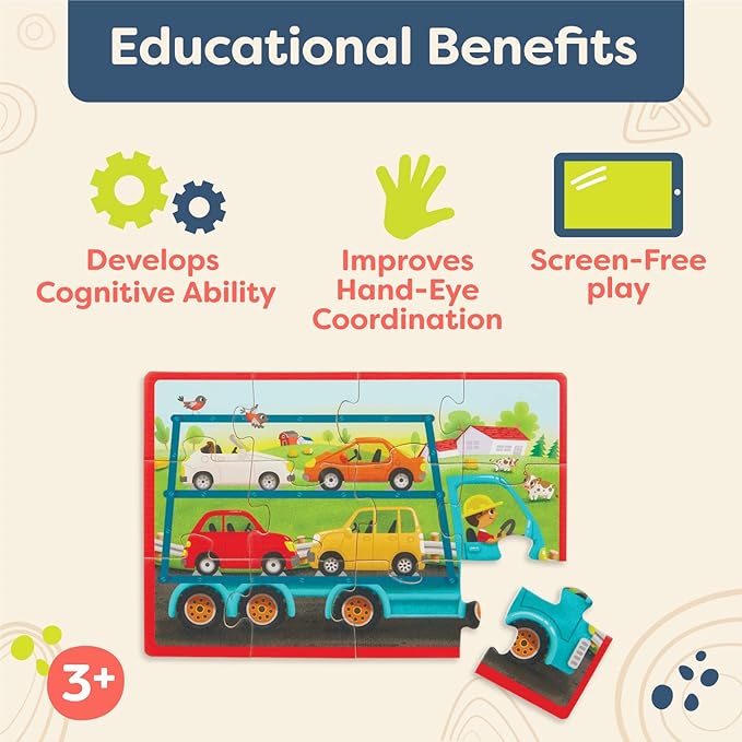 B. toys – Wooden Puzzle Set – Car Carrier, Loader, Excavator, Dump Truck – 12-Piece Jigsaw Puzzles For Kids – 3 Years + – Pack o' Puzzles - Trucks