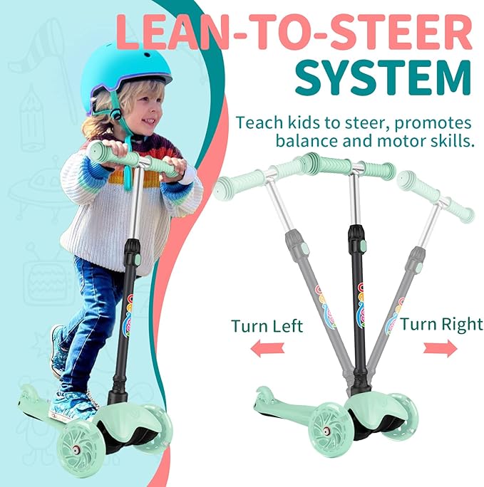 BELEEV A1 Scooter for Kids Ages 2-6, 3 Wheel Kick Scooter for Toddlers Girls Boys, Light up Wheels, Adjustable Height, Lean to Steer, Non-Slip Deck, Lightweight Push Scooter for Children