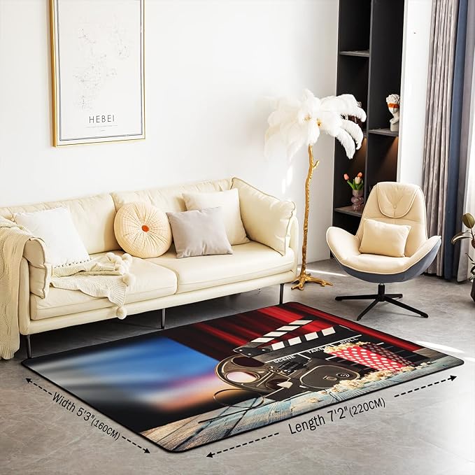 Erosebridal Movie Theater Rug 5x7, Vintage Cinema Popcorn Carpet for Boys Girls, Vintage Film Clapper Theme Area Rug, Filmstrip Printed Non Slip Decorative Rug for Bedside