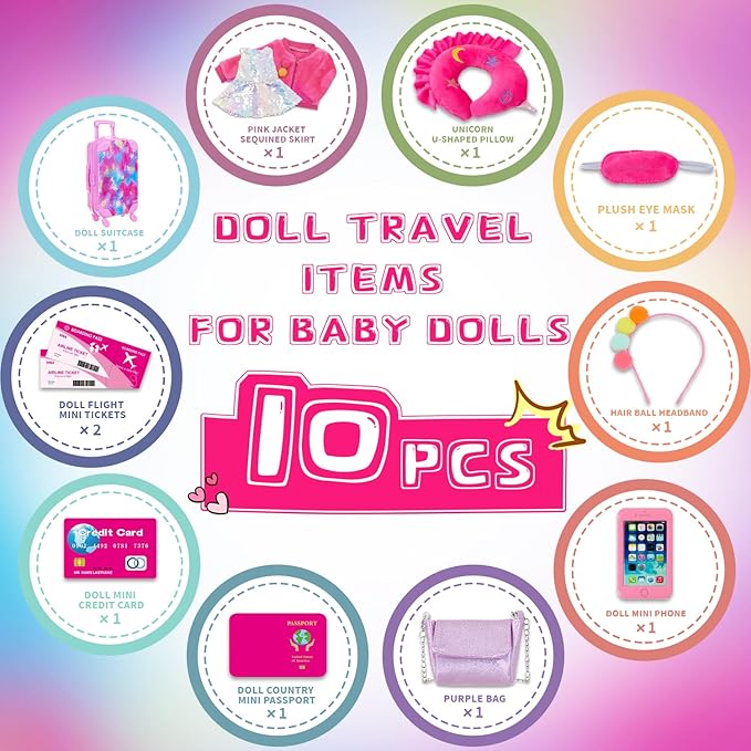 K.T. Fancy 18 Inch American Doll Clothes and Accessories, Doll Travel Suitcase Playset for Girls, Cute Travel Doll Clothes for 18 Inch Girl Doll(Not Include Doll & Shoes)