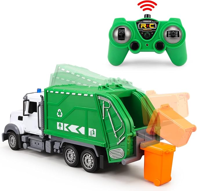 1:24 Scale Remote Control Garbage Truck Toys, 6 Channel RC Waste Management Garbage Truck, 2.4Ghz Recycling Trash Truck Toys with Two Rechargeable Batteries for Boys Kids, 15"