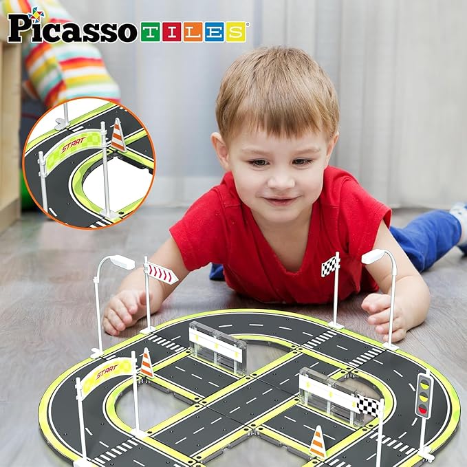 PicassoTiles Magnet Tile Building Block Construction Toy Set Street Sign Traffic Kit Highway Road Race Track with Bumper Barricade Accessory Sticker Education Magnetic Tiles Kids Age 3+ PTR03