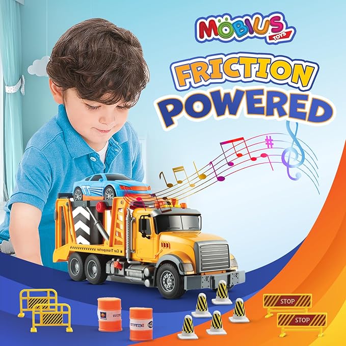 Mobius Kids Tow Truck Toy with Race Car Friction Powered Hauling Toy Tow Trucks for Boys Age 3-5 w/Flashing Lights & Sounds - Playset for Kids Boy & Girls Ages 3-9 Working Hook & 11 Cool Accessories