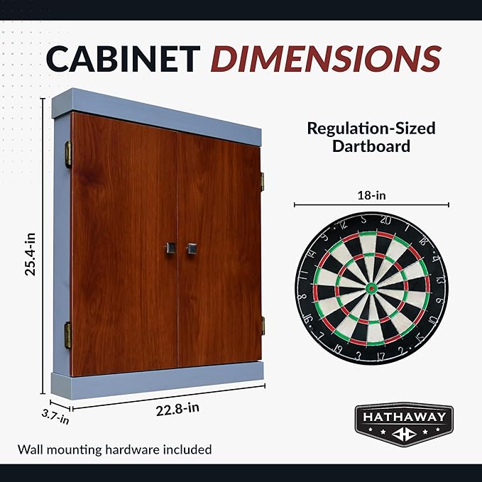 Hathaway Geneva Dartboard and Cabinet Set - Includes 18-in Dartboard, Steel-Tip Darts, Chalk Scoreboards - Perfect for Family Game Rooms, Basements, Home Bars, Wood Grain/Black/Gray