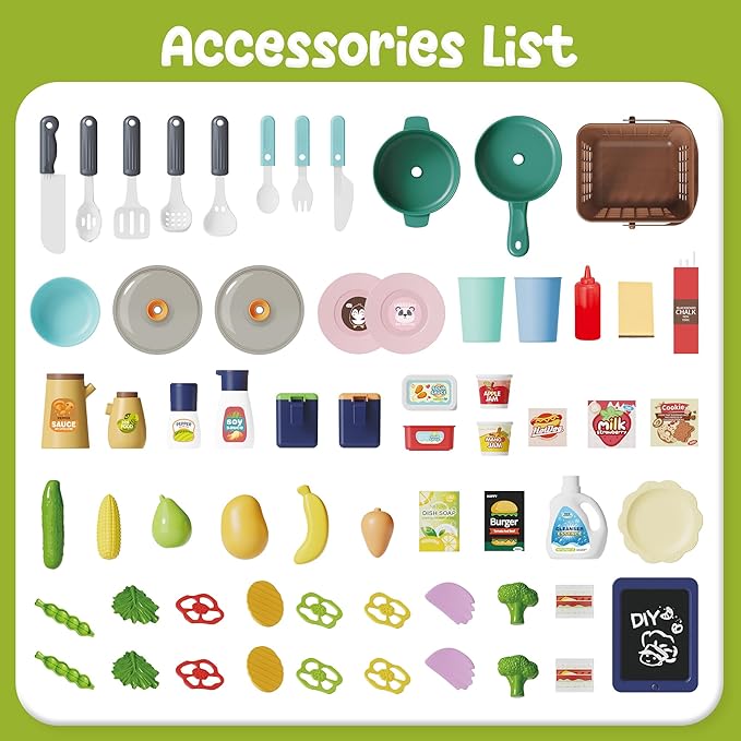 HOLYFUN Kids Kitchen Playset, Pretend Play Kitchen with Sounds and Lights, Cooking Stove Steam,Play Sink and Play Food,Toy Kitchen Set for Kids Toddlers, Green