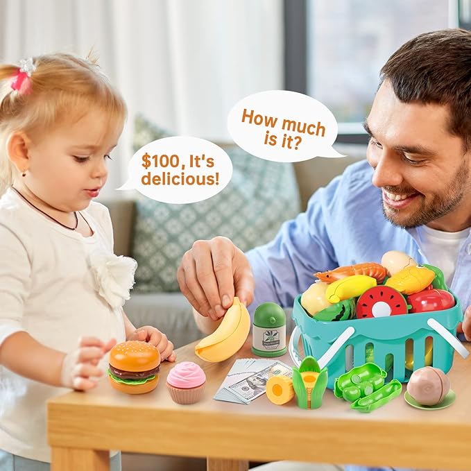 130Pcs Kitchen Playset, Toddler Pretend Cooking Play Pots, Pans, Utensils Cookware, Daily Food Fruit Veges, Shopping Storage Basket, Dessert, Prop Money, Learning Gift for Child (Blue)