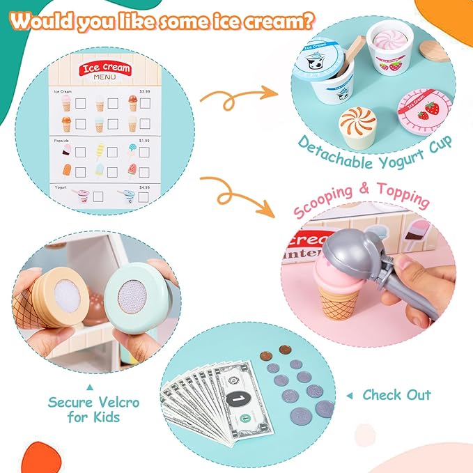 Wooden Ice Cream Set Counter Toy for Toddlers, Wooden Play Food Kitchen Accessories, Pretend Play Ice Cream Shop Toys for Kids Ages 3+, Play Store with Fake Money & Coin