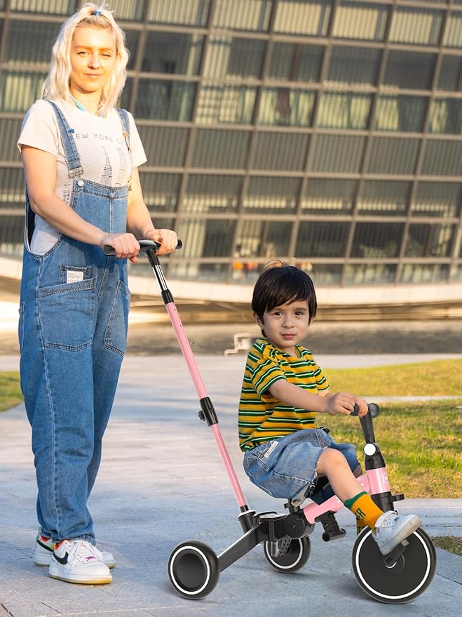 XJD Toddler Bike, 6 in 1 Folding Toddler Tricycle for 1-4 Year Old with Push Handle, Balance Bike with Removable Pedal,Backrest, Adjustable Seat Height and Handle, First Birthday Gifts (Pink)