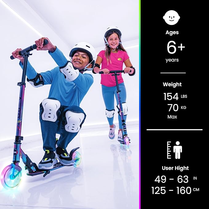 Aero 2 Wheel Kick Scooter for Kids Ages 5-7 or 5-8 or 6-10 or 6-12 with Dynamic Lights, Scooters for Boys and Girls 6 Years and Up with Light up Wheels and Deck