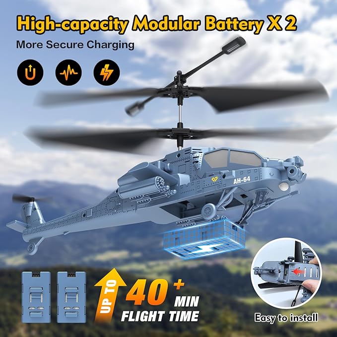 RC Helicopter, Remote Control Helicopter (AH-64) for Kids, 2.4GHz RC Plane, 40+ Min Flight Time, LED Lights & Altitude Hold, Kids Toy for Ages 8-12, RC Airplane for Children