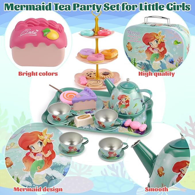 Motiloo 48 Pcs Mermaid Kids Tea Party Set with Carrying Case & Sweet Treats Playset - Pretend Toy Tin Tea Set for Little Girls - Princess Tea Time Pretend Play Tea Set Toys