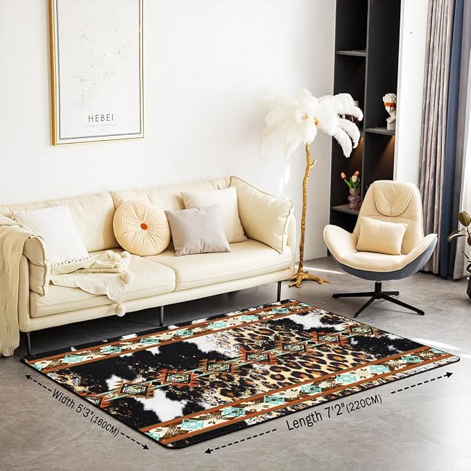 Erosebridal Cowhide Area Rug 5x7, Brown Leopard Print Rug for Living Room, Western Exotic Aztec Cow Print Machine Wash Dry Carpet, Farmhouse Wild Animal Skin Cowboys for Men