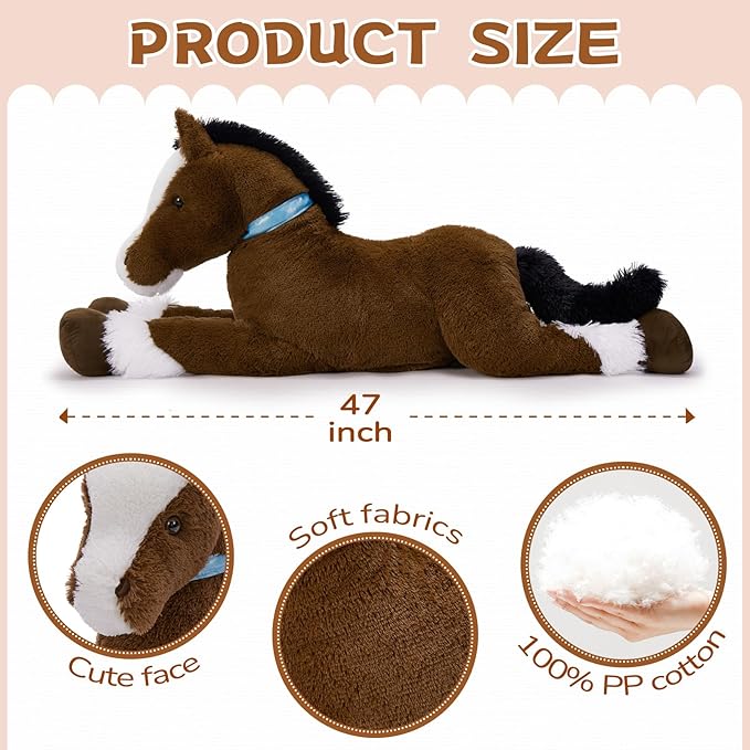 MaoGoLan Large Horse Stuffed Animal for Boy, Big Horse Plush Toy for Girl, Ridable Stuffy Pony for Kids, Coffee Stuffed Pony Plush Pillowfor Baby Shower or Birthday Party Favor Gift, 47 inches