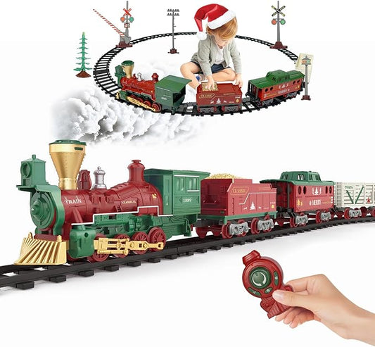 Electric Train Set Steam Toys with Remote Control,Christmas Train for Under The Trees with Smokes,Light & Sounds, for 3 4 5 6 7+ Years Old Kids