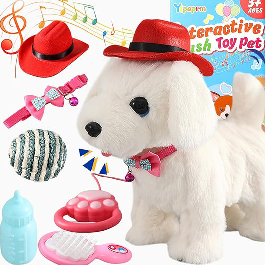 White Labrador Walking Dog Barking Dog for Child Kid Licking Puppy Talking Dog with Leash, Interactive Robot Dog Tail Wagging Singing Plush Lab Dog Stuffed Dog Pretend Dress Up Christmas Girl Boy Gift