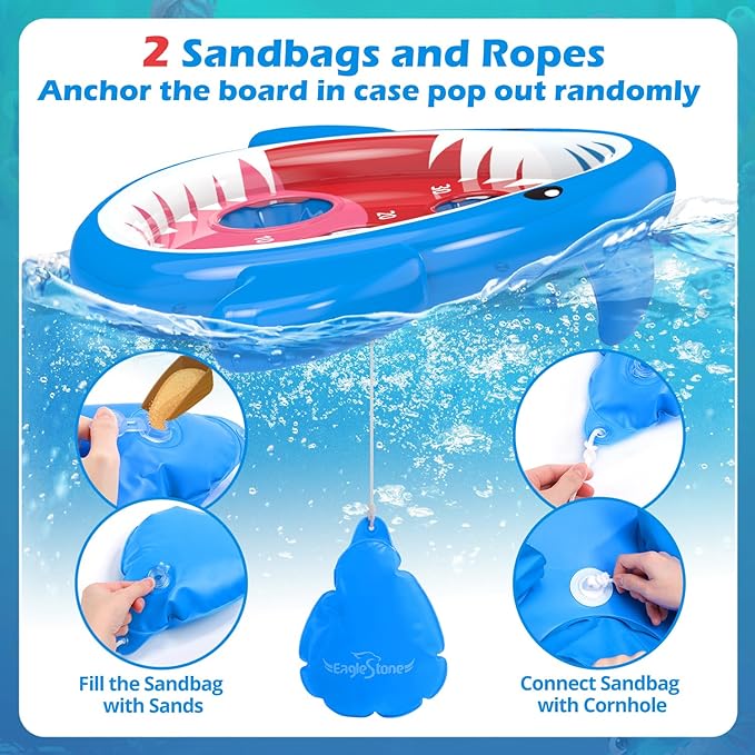 Eaglestone 2 PCS Pool Shark Cornhole Toys for Kids, Inflatable Swimming Pool Toys for Adults Family, 8 Bean Bags Toss Game w/Sandbag Anchor, Floating Outdoor Beach Toys for Pool Game Party, Water Toy