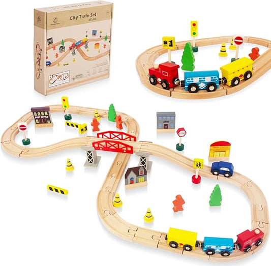 60Pcs Train Set for Toddlers, Bridge & Double-Side Wooden Train Set Tracks, Fits Brio, Thomas, Melissa and Doug, Kids Gift Toys for 3 4 5 Years Old Boys Girls