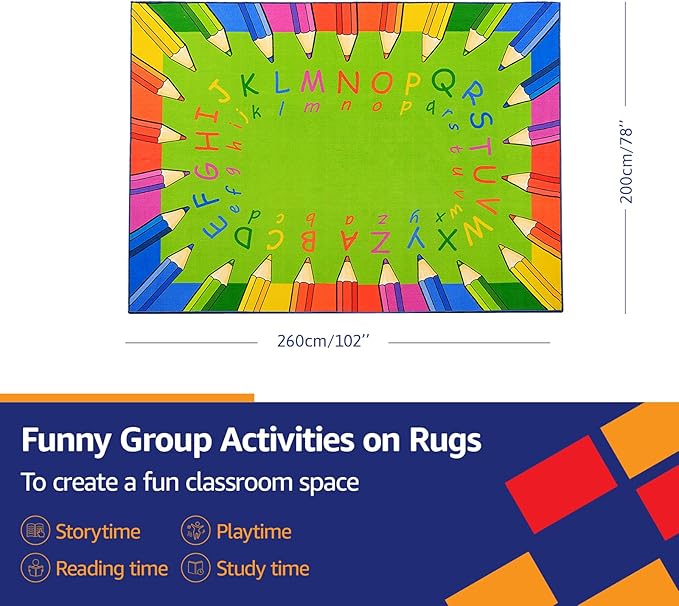 Classroom Rug for Kids Reading Area - Neutral Colorful Preschool Rug (6.5 x 8.5 ft)