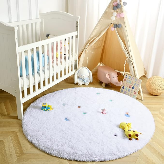 LOCHAS Luxury Round Fluffy Area Rugs for Bedroom Kids Girls Room Nursery, Super Soft Circle Rug, Cute Shaggy Carpet for Children Living Room, 4x4 Feet White