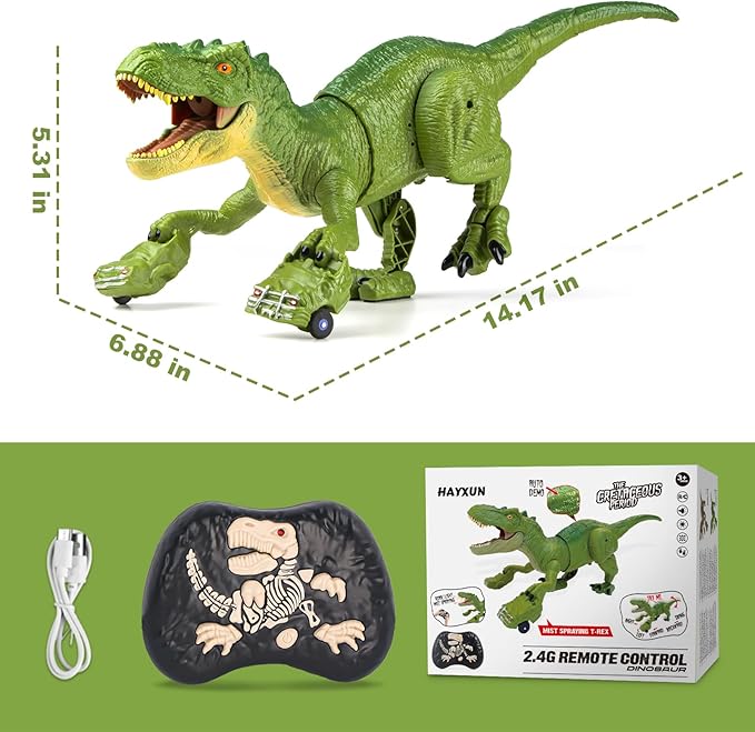 RC Tyrannosaurus Rex Dinosaur Toys for Kids 3-5, 5-7, 8-12, Remote Control T Rex Dino Robot Toy with Spray, Roar & Light, Birthday for 3 4 5 6 7 8 9 10 11 12 Year Old Boys (Green)