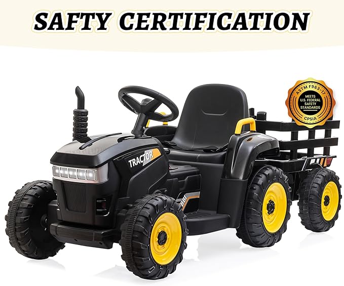 TOBBI Kids Electric Ride On Toy Tractor, 12v Battery-Powered 4 Wheels Ride On Car with Trailer for Toddlers 3-6 Years-Black
