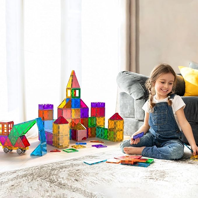 Bmag 100PCS Magnet Building Blocks with 2 Carsfor Kids, Magnetic Tiles Stacking Building Set for Boys Girls, STEM Preschool Educational Learning Construction Toy