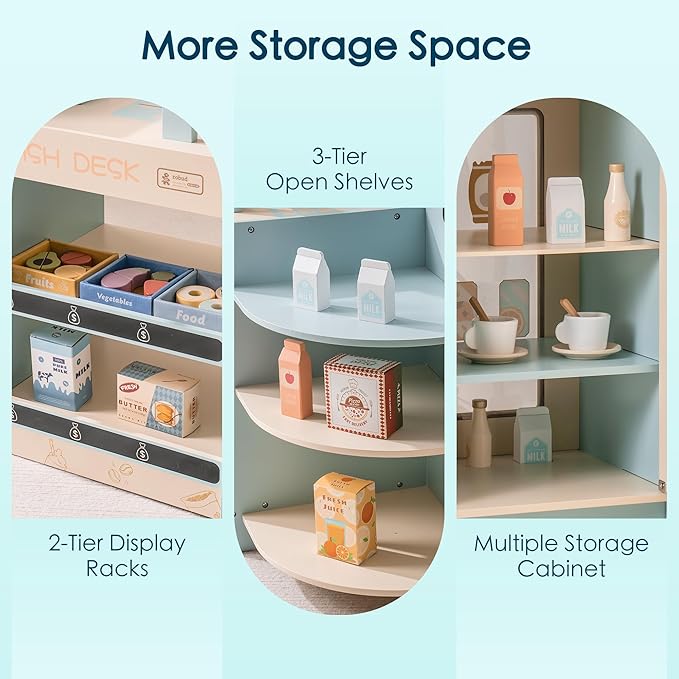 ROBUD Grocery Store Playset, Kids Play Store, Wooden Supermarket Playset with Cash Register, Chalkboard, Vending Machine, Coffee Machine, Oven, Play Food Accessories, Gift for Boys Girls 3+