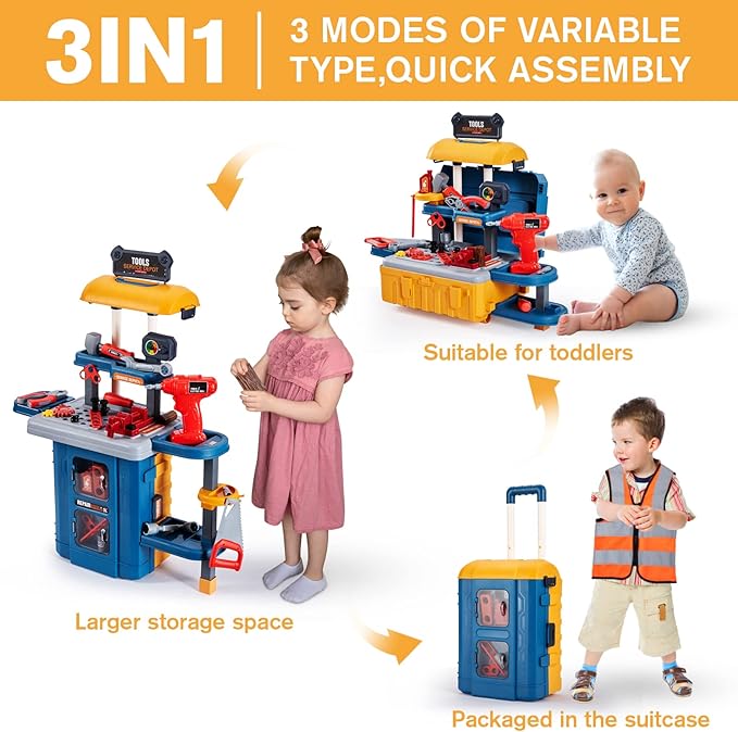 ‌3-in-1 Kids & Toddler Tool Bench with Working Electric Drill - Realistic Construction Toys Learning Set for Ages 2-6, Interactive Workshop Playset for Birthday & Christmas