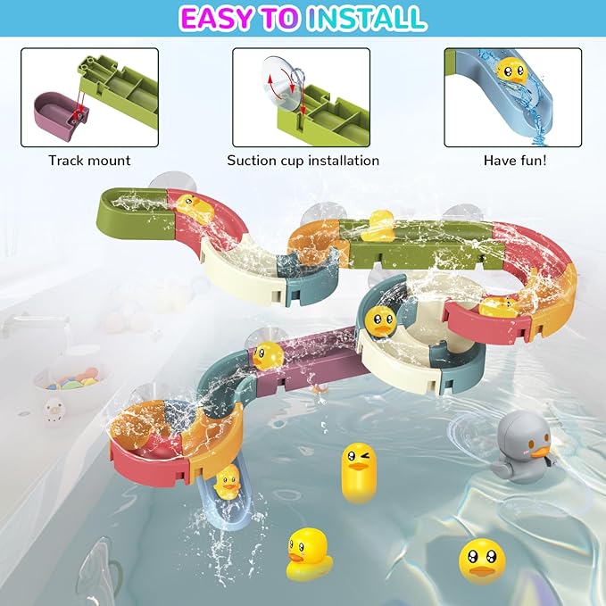 Mostop Toddler Bath Toys, Baby Bathtub Toys with Slide Track and Duck Shower Sprays, 2 Ducks, 4 Balls, 1 Boat, 3 Water Spraying Animal Toys, Fun Bathtub Toys Gift for Kids Age 4-8