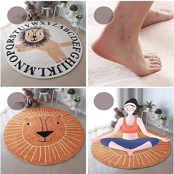 Poowe Round Kids Playroom Rug - Soft Alphabet Nursery Rug for Bedroom - Playtime Collection, Learning & Game Carpet for Classroom, Best Shower Gift for Infant Toddlers (Round 39.4", Orange Lion)