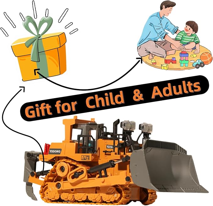 9-Channel Metal RC Bulldozer with Lights and Sound - Remote Control Heavy Equipment Construction Vehicles Dozer Toys for Adults Kids Boys Ages Year 3 4 5 6 7 8 9 10 11 12 13+