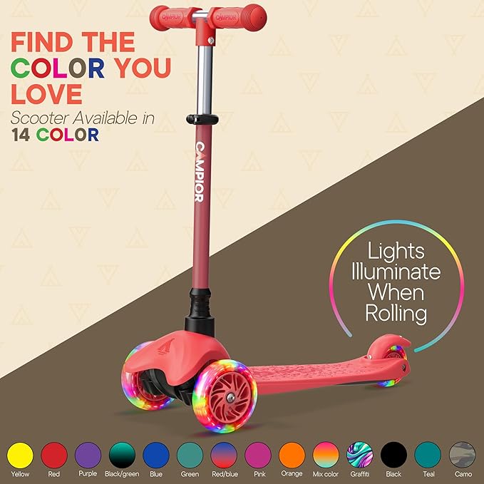 Red Mini 3 Wheel Scooter for Kids – Lean-to-Steer with LED Light-Up Wheels, Adjustable Handlebar, Wide Anti-Slip Deck, Smooth PU Wheels, Rear Foot Brake – Toddler Scooter for Ages 2+