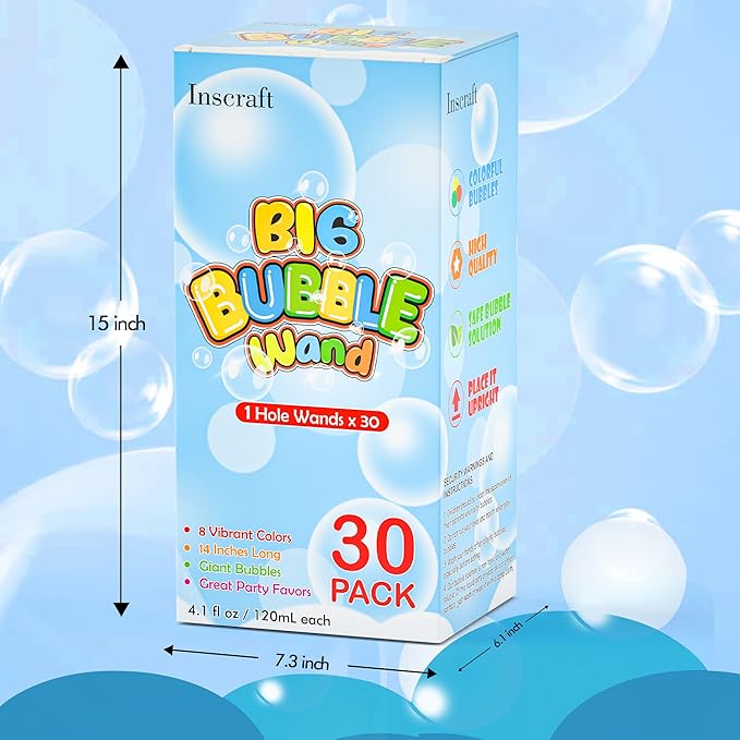 30 Pack 14’’ Big Bubble Wands, 8 Colors 1 hole wands x30 for Summer Toy, Outdoor/Indoor Activity, Easter, Birthday, Graduation, Bubbles Party Favors for Kids