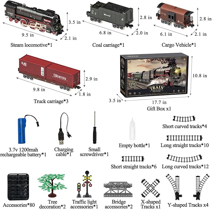 Train Set for Kids, Electric Train Toys with Realistic Light Sounds Smoke, Christmas Train Model Gifts for Toddlers Boys Girls, Steam Locomotive, Luxury Track & 3 Truck Carriages