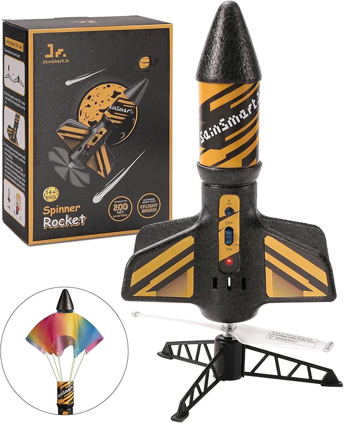 SainSmart Jr. Rocket Launcher for Kids, 200 Feet of Flight Altitude, Motorized Air Rocket with Parachute, Self-Launching Outdoor Toy with Safely Land, Black