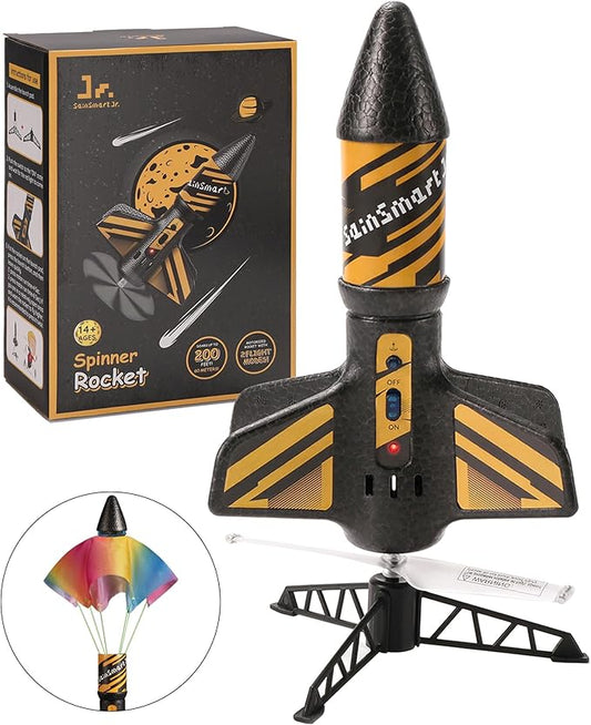 SainSmart Jr. Rocket Launcher for Kids, 200 Feet of Flight Altitude, Motorized Air Rocket with Parachute, Self-Launching Outdoor Toy with Safely Land, Black