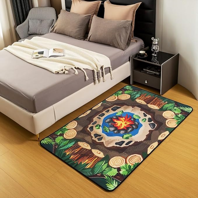 Erosebridal Campfire Area Rug 4'11" x 3'3" Tree Stump Rug for Teens Kids Fun Woodland Campsite Summer Happy Camping Carpet Cartoon Stones Green Tree Non Slip Living Room Rugs