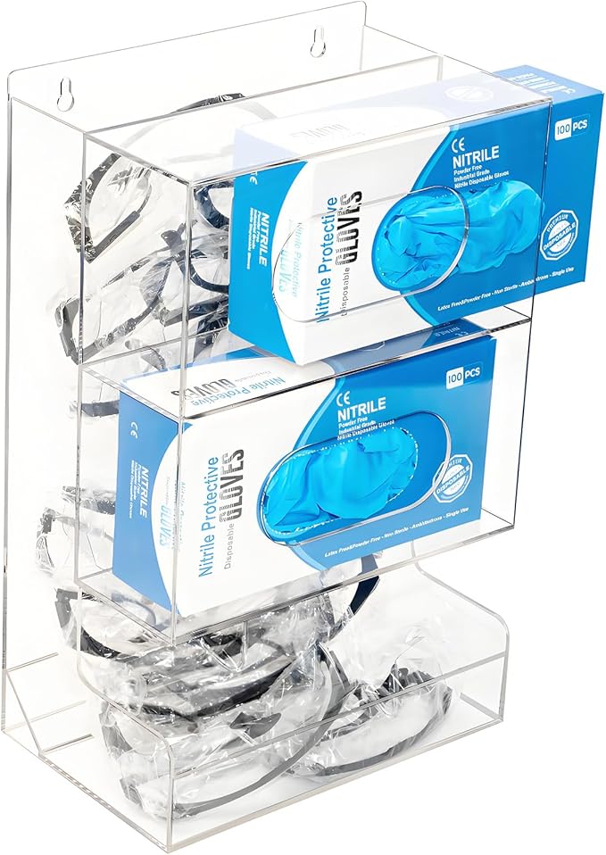 SEANADO Safety Glasses Dispenser Glove Box -2 in 1 Dustproof Acrylic Bin Holder for Protective Eyewear Goggles Used in Industrial, Factory and Lab Settings, Wall Mount or Countertop