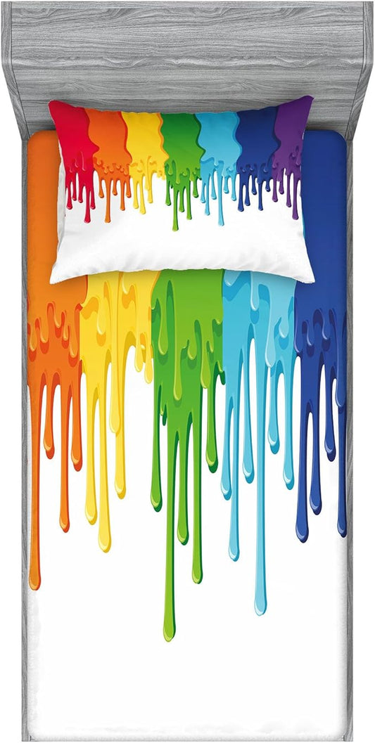 Ambesonne Abstract Fitted Sheet & Pillow Sham Set, Rainbow Colored Paint Leaking Splattered Drops Creative Graphic Design, Decorative Printed 2 Piece Bedding Decor Set, Twinxl, Rainbow Colors
