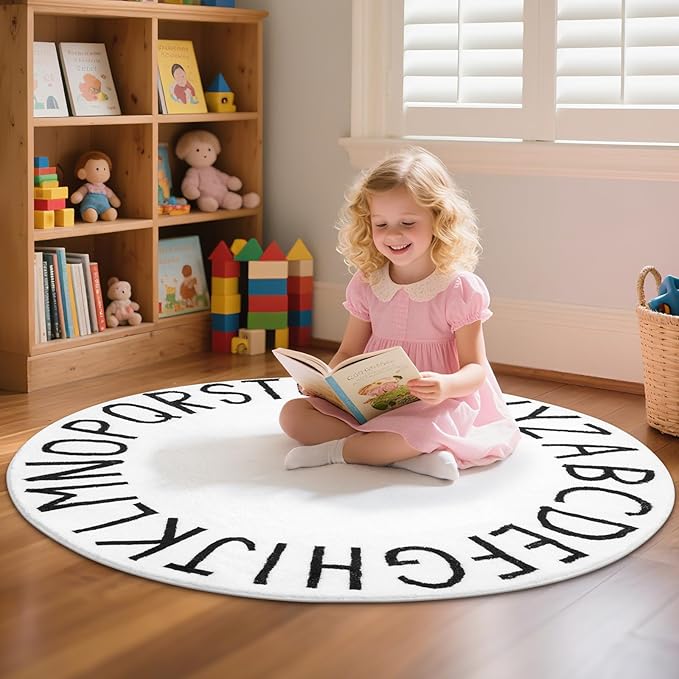SHACOS Ultra Soft Round ABC Rug 4 Ft Fluffy Washable for Toddlers Baby Crawling Kids Room Playroom Nursery Non Slip Alphabet Educational Classroom Carpet