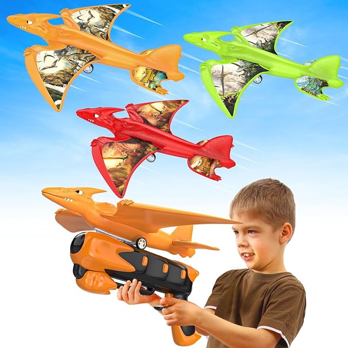 3 Pack Dinosaur Airplane Launcher Toys, Flying Toys for 3 4 5 6 7 8 9 10 Year Old Boys, Easter Gifts for Kids, Foam Plane Outdoor Toys 5-12 Year Old Boy Gift Ideas, Airplane Birthday Gift Party favors